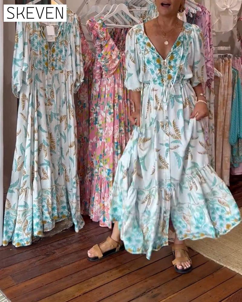 Maxikleid mit V-Ausschnitt und Blätterprint für Damen