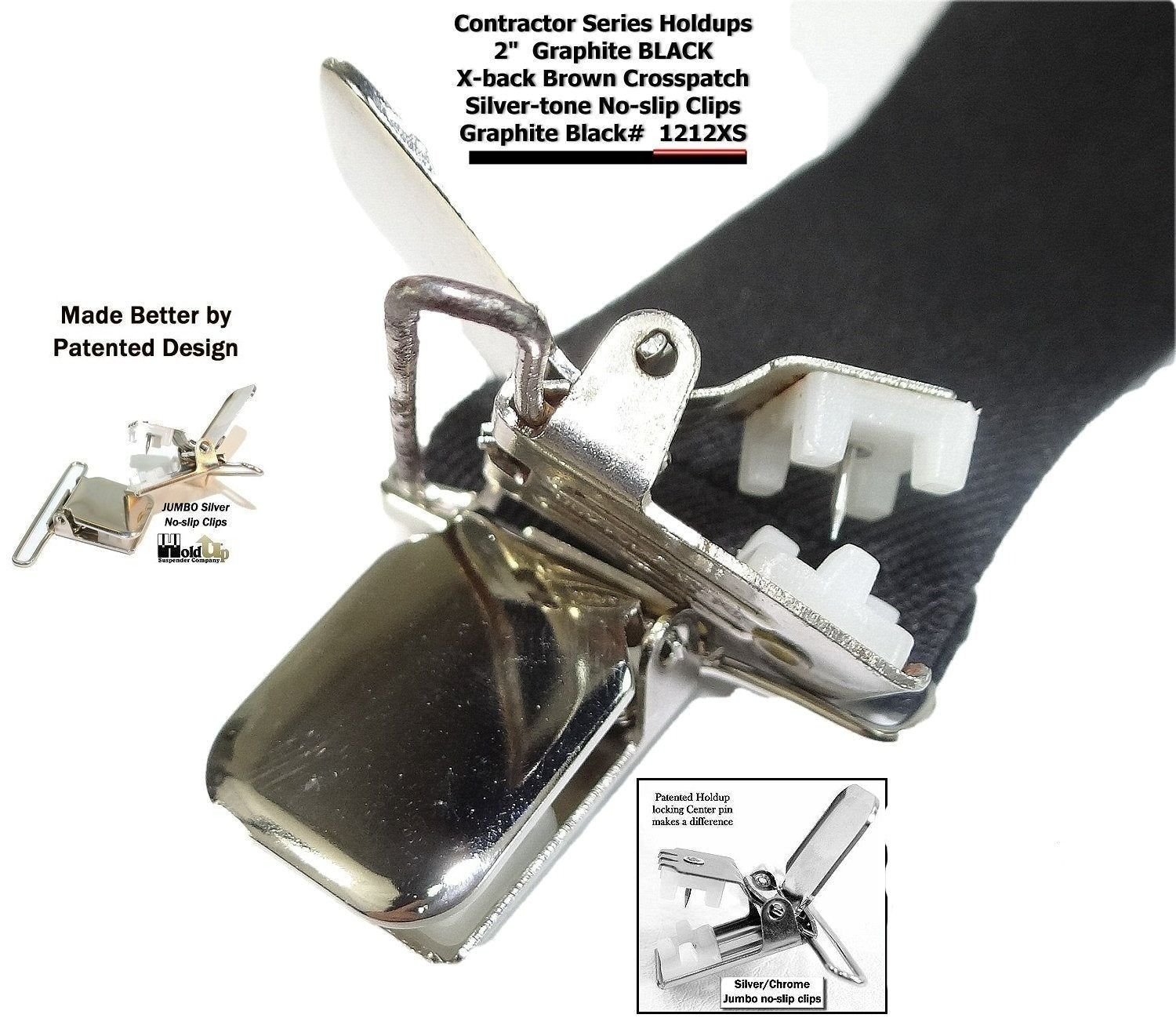 Holdup Suspenders in 2" Wide heavy duty Graphite Black color  in X-back Style with Patented No-slip Jumbo Silver Clips