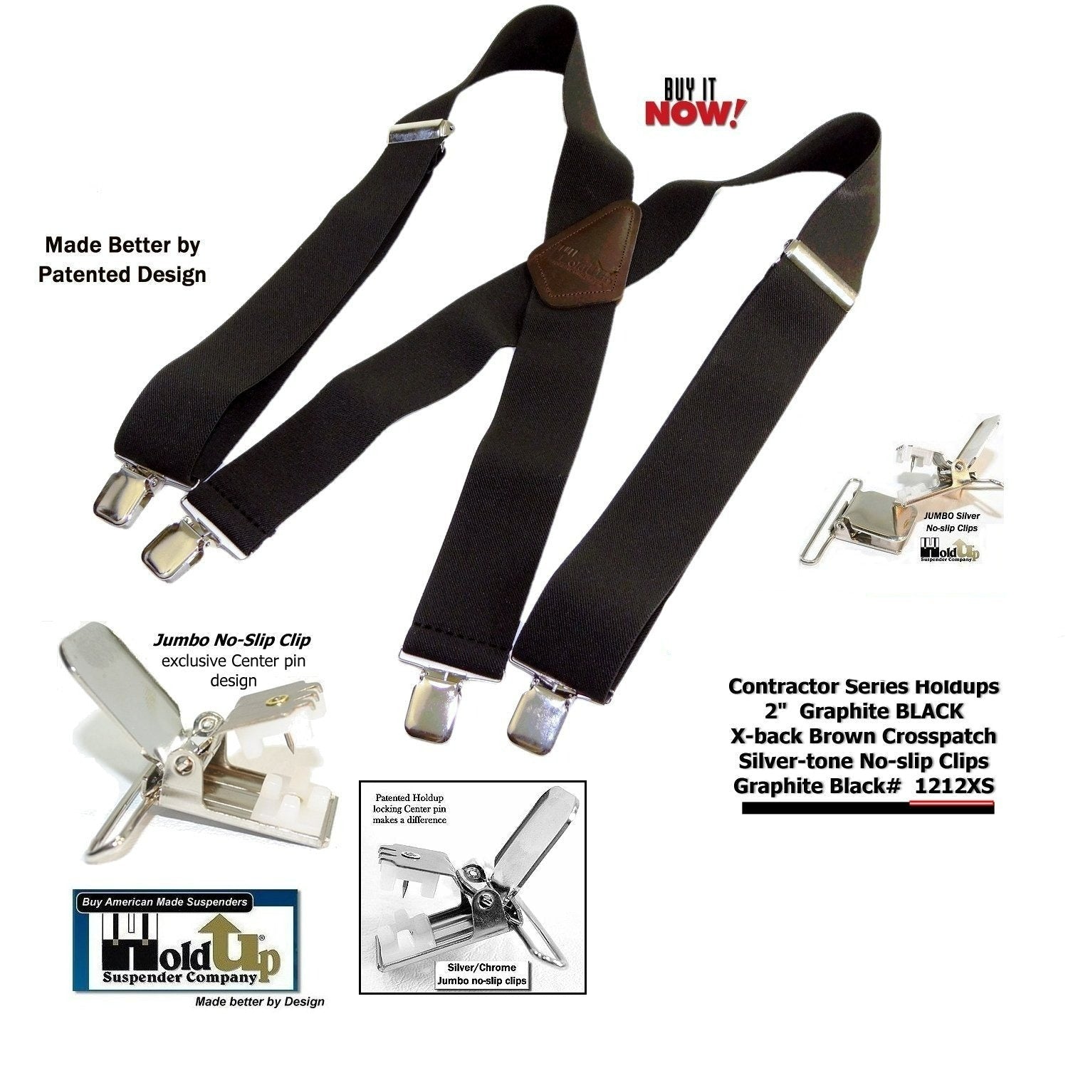 Holdup Suspenders in 2" Wide heavy duty Graphite Black color  in X-back Style with Patented No-slip Jumbo Silver Clips