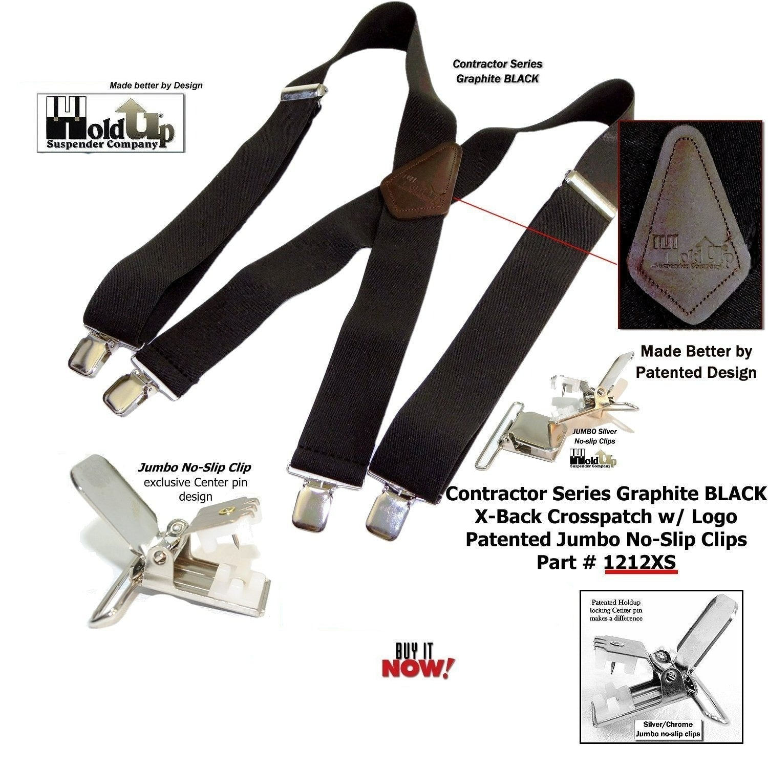 Holdup Suspenders in 2" Wide heavy duty Graphite Black color  in X-back Style with Patented No-slip Jumbo Silver Clips