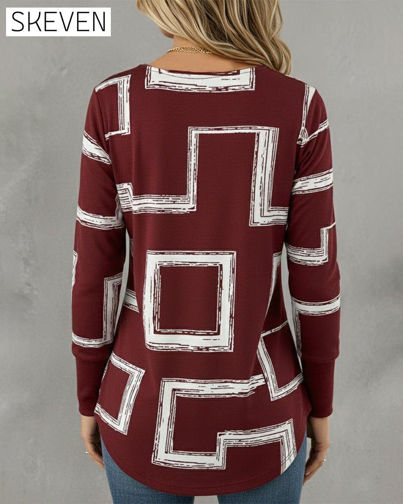 Long-Sleeved Slanted-Neck Graphic Print Top