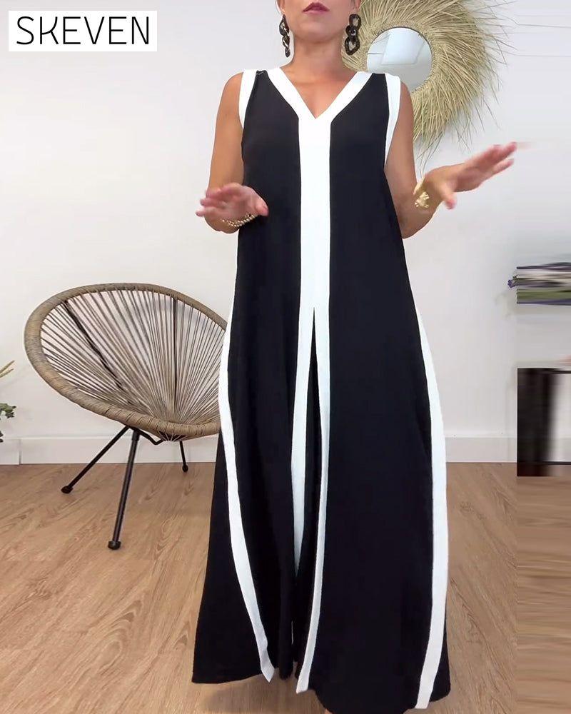Fashionable contrasting print V-neck sleeveless dress