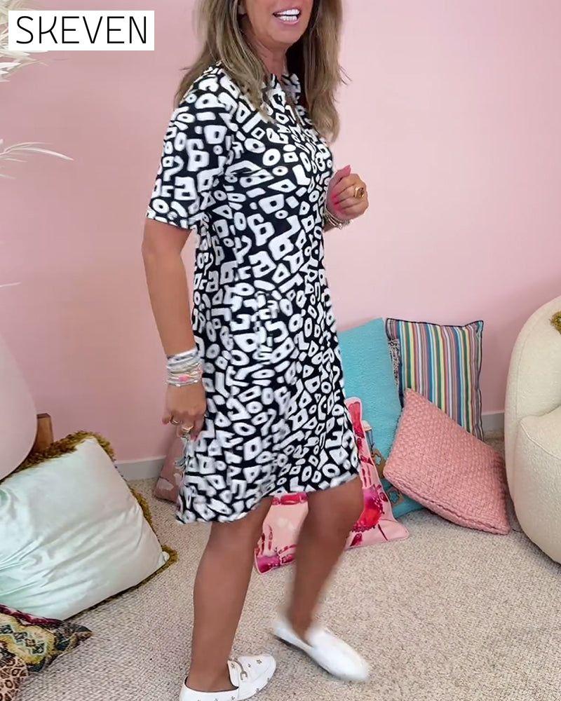 Printed pocket V-neck casual dress