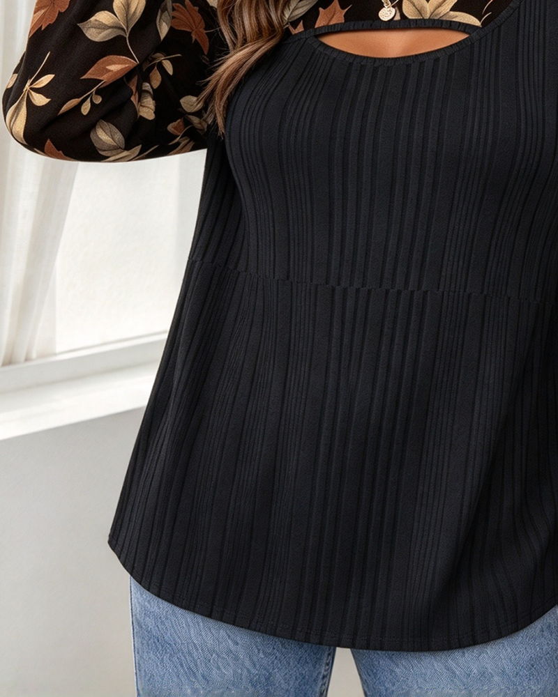 Crew Neck Hollow Out Fashion Leaf Print Top
