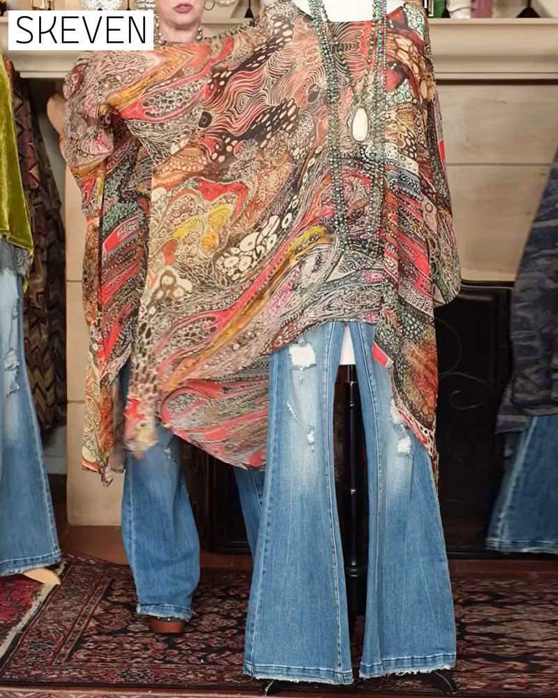 Lockere Bluse mit Fledermausärmeln und Print