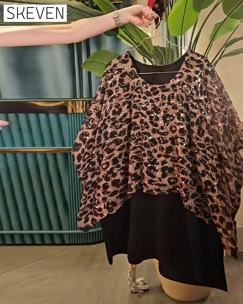 Leopard Print Sequined Batwing Sleeve T-Shirt