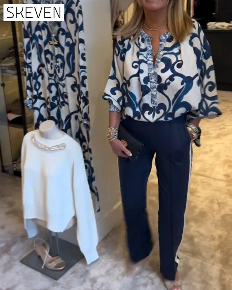 Bluse mit Retro-Muster und Laternenärmeln