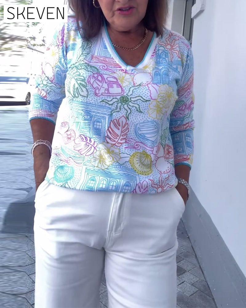 V-Neck Printed Fashion Sweater