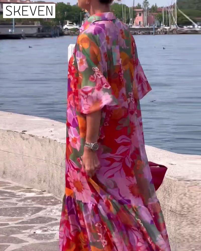 Colorful Printed Lantern Sleeve Loose Dress