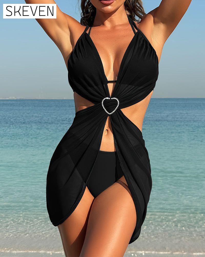 Romantic Heart Chiffon Cover-Up Swimsuit Three-Piece Set