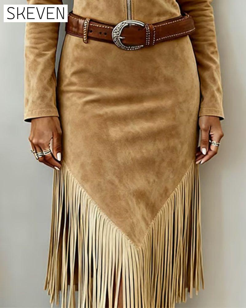 Half-Zip Tassel Solid Color Dress