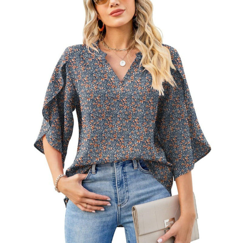Women's Loose V-neck Petal Chiffon Top
