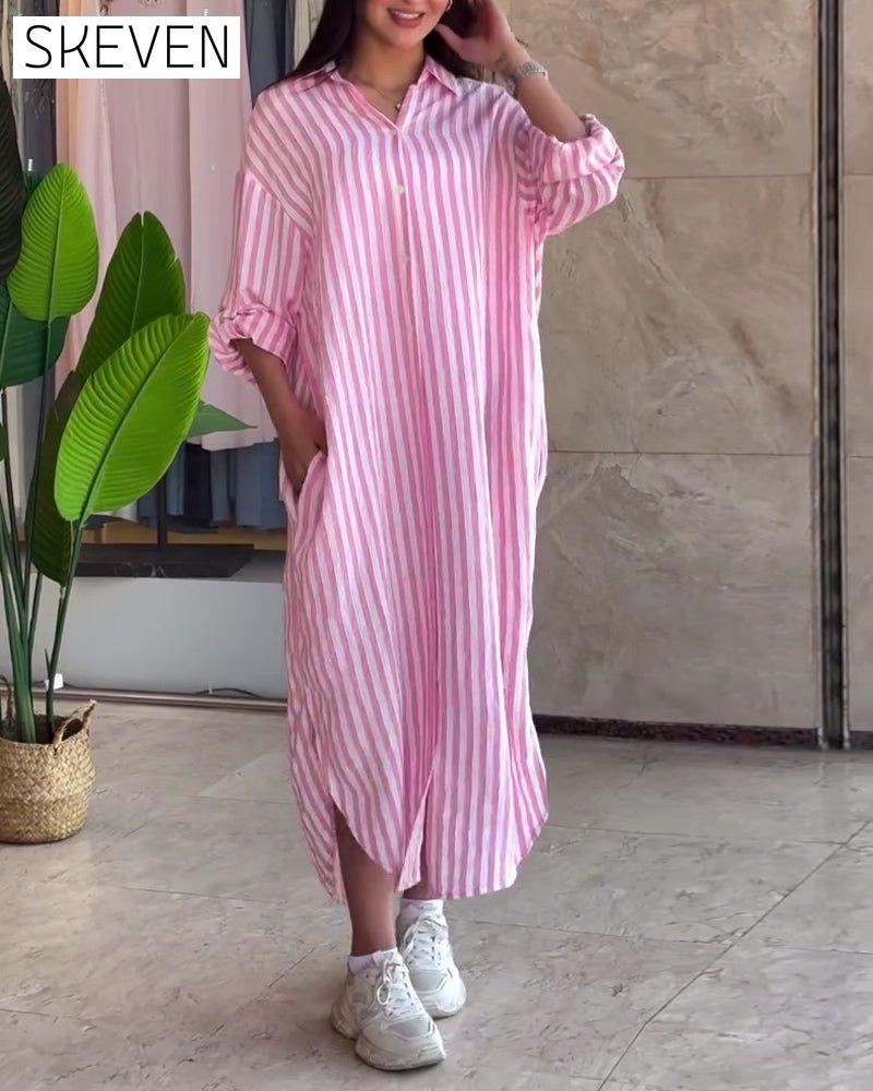 Loose Lapel Striped Dress