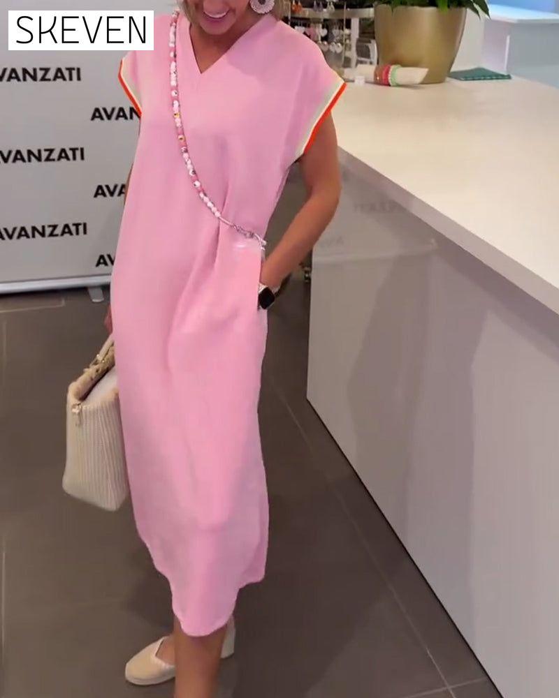 Robe décontractée fendue à manches en V et col en V, manches en feuille de lotus