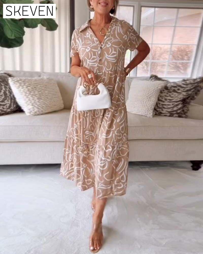 Short-sleeved Pocket Dress with Geometric Prints