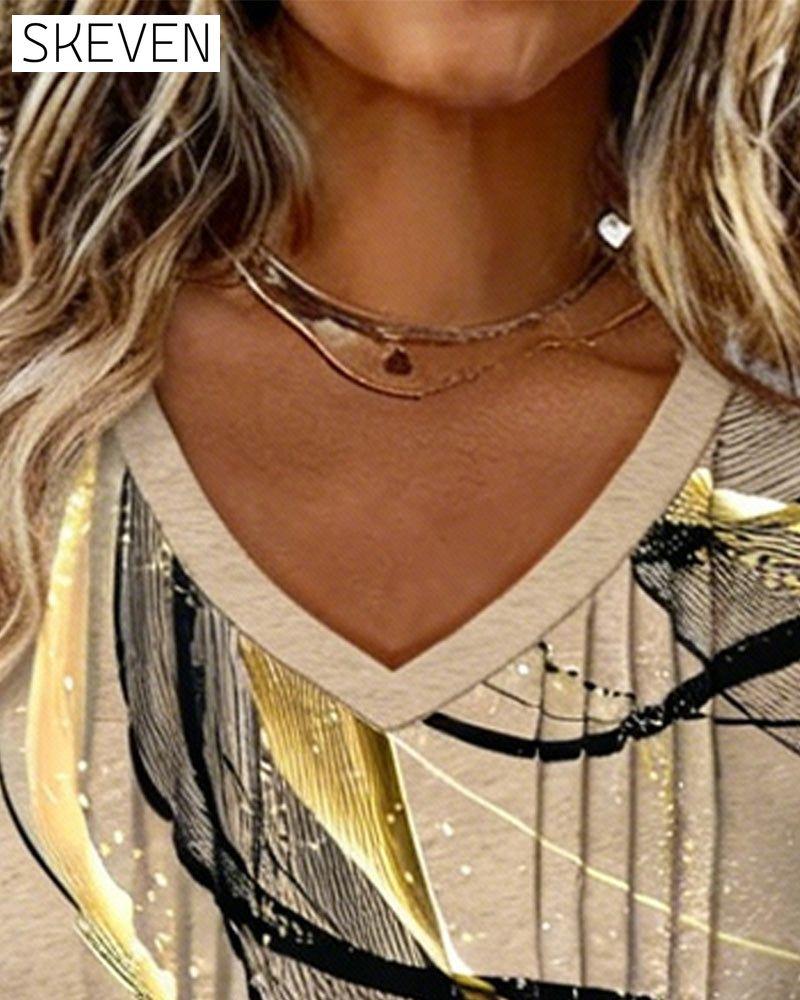 V-Neck Printed Pit Strip Long-Sleeved Top
