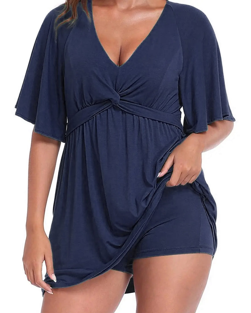 V-Neck Waist-Cinching Romper Dress