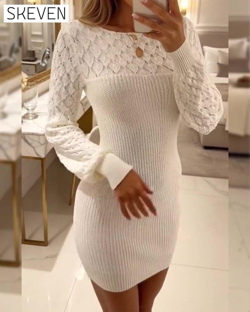 Elegant Solid Color Round Neck Sweater Dress