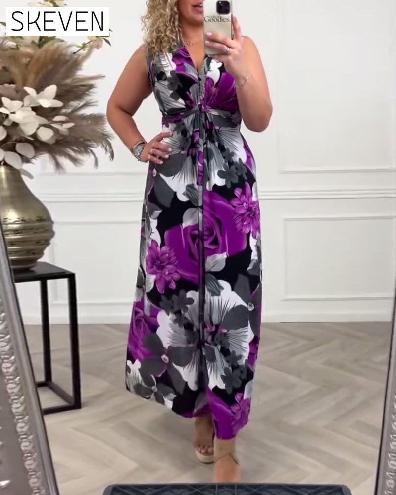 Elegantes, ärmelloses, plissiertes Kleid mit Blumenmuster