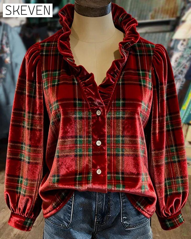 Ruffled V-Neck Velvet Top