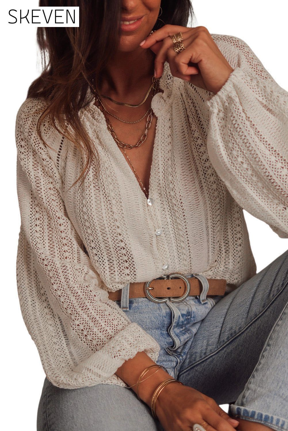 White V-Neck Long Sleeve Button Up Lace Shirt All In Stock Best Sellers clothes Early Fall Collection EDM Monthly Recomend Fabric Lace long sleeve shirt long sleeve shirts Occasion Daily Print Solid Color Season Spring shirt shirts Style Elegant top tops