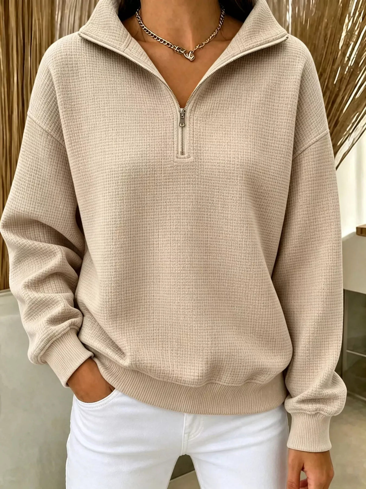 Full Size Waffle Knit Quarter-Zip Sweatshirt Plus Size