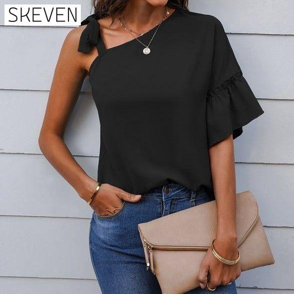 Women's fashion diagonal collar Ruffle Sleeve Chiffon Top clothes off the shoulder shirt shirt shirts short sleeve short sleeve shirt short sleeve top tops Tops/Blouses