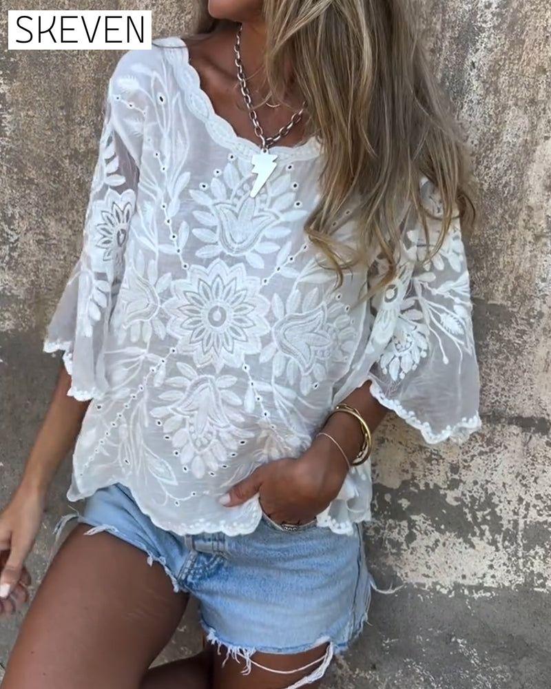 Butterfly Sleeve Round Neck Embroidered Blouse