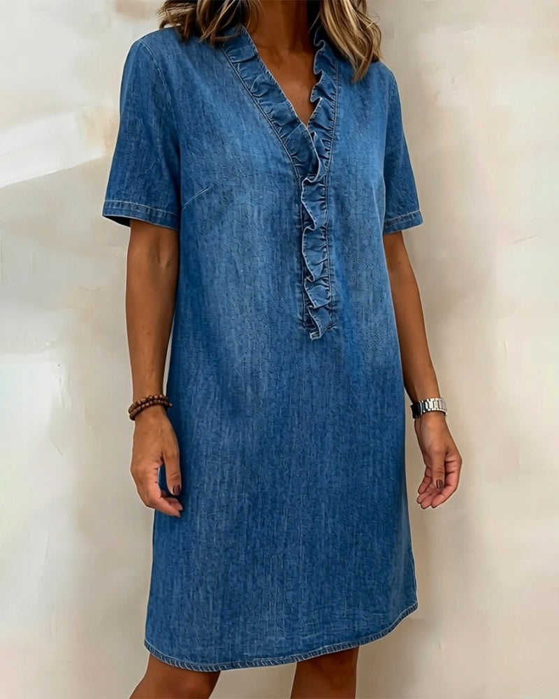 Denim Ruffle V-neck Dress