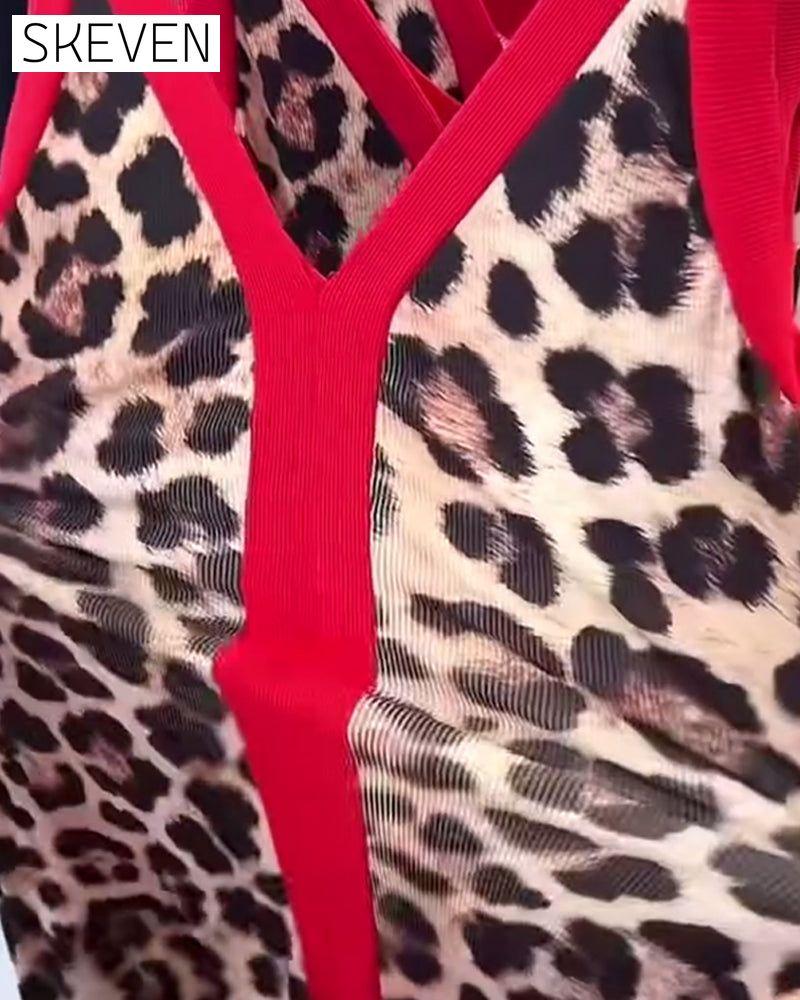 Sleeveless Elegant Leopard Print Contrast Dress