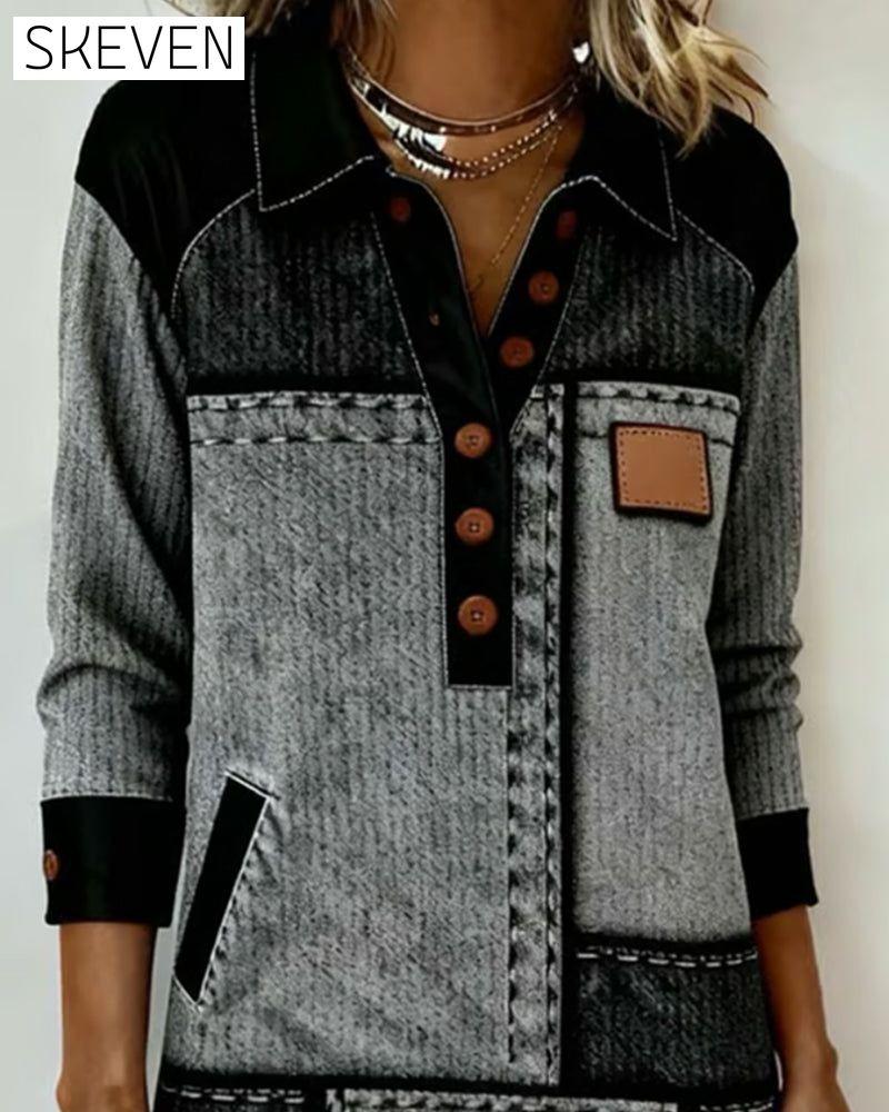 Modisches Kleid mit Knopfleiste, V-Ausschnitt und Farbblock-Design