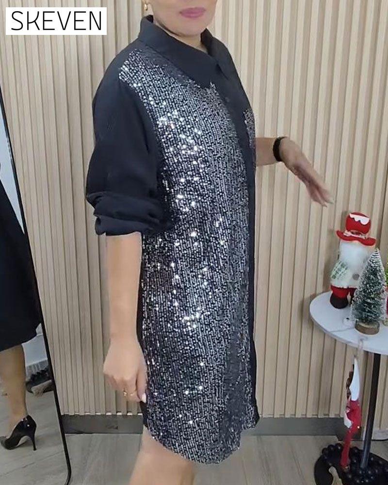 Sequin Lapel Shirt Dress