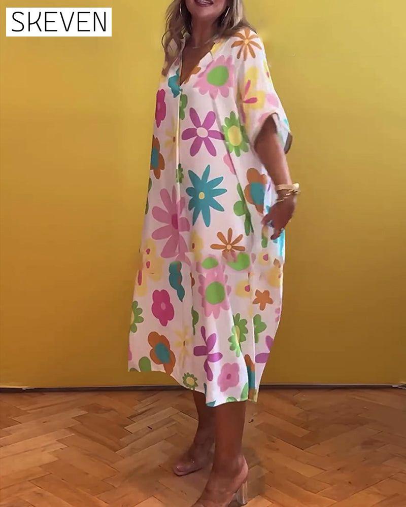 Loose V-neck floral print dress