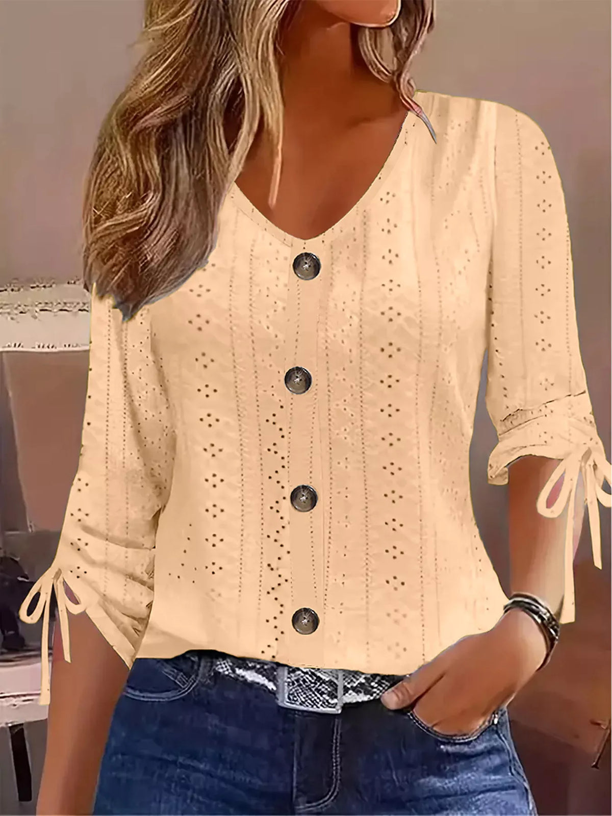 Eyelet Tie-Sleeve Detail Top