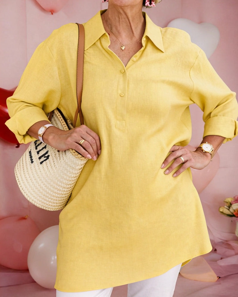 Solid-Color Mid-Length Cotton-Linen Shirt