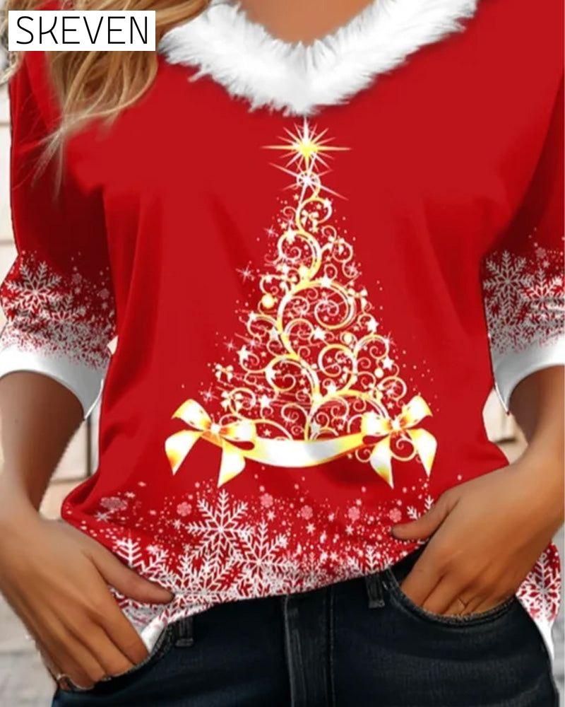 Plüschtop mit V-Ausschnitt und Weihnachtsbaum-Print