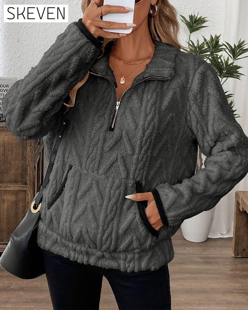 Lapel Zipper Front Fuzzy Sweatshirt