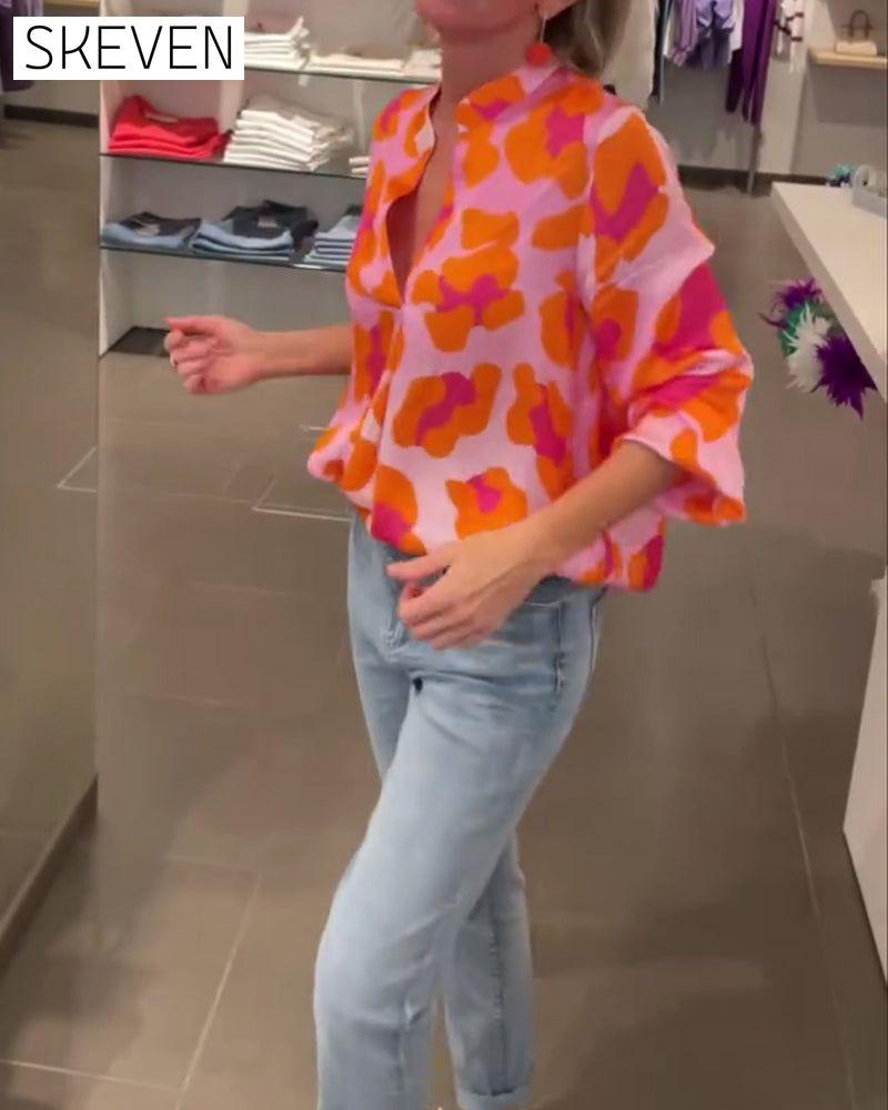 Printed V-neck lantern sleeve casual top