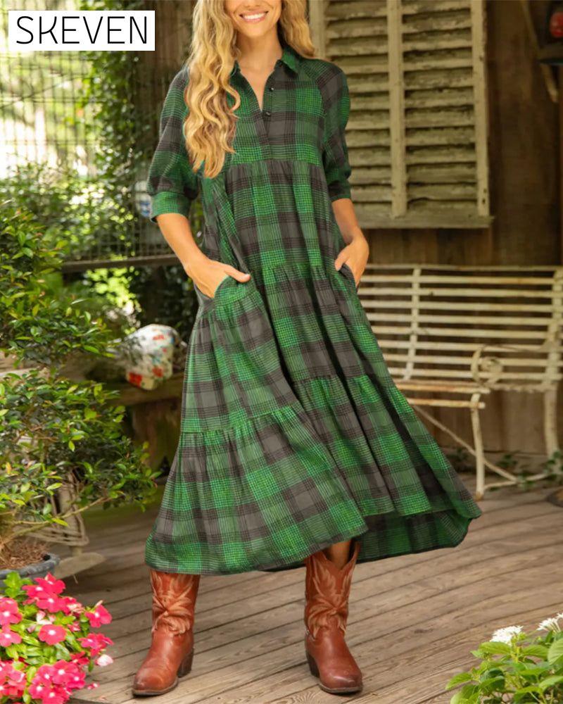 Lapel Plaid Half-Sleeved Dress