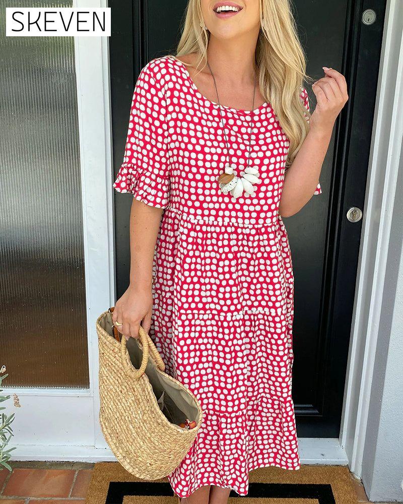 Round neck polka dot print midi dress
