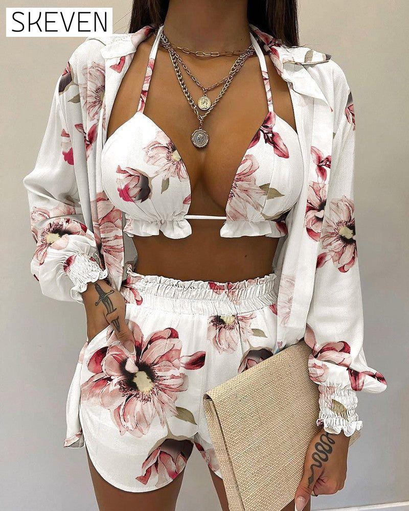 Balloon sleeve shirt bikini three piece set