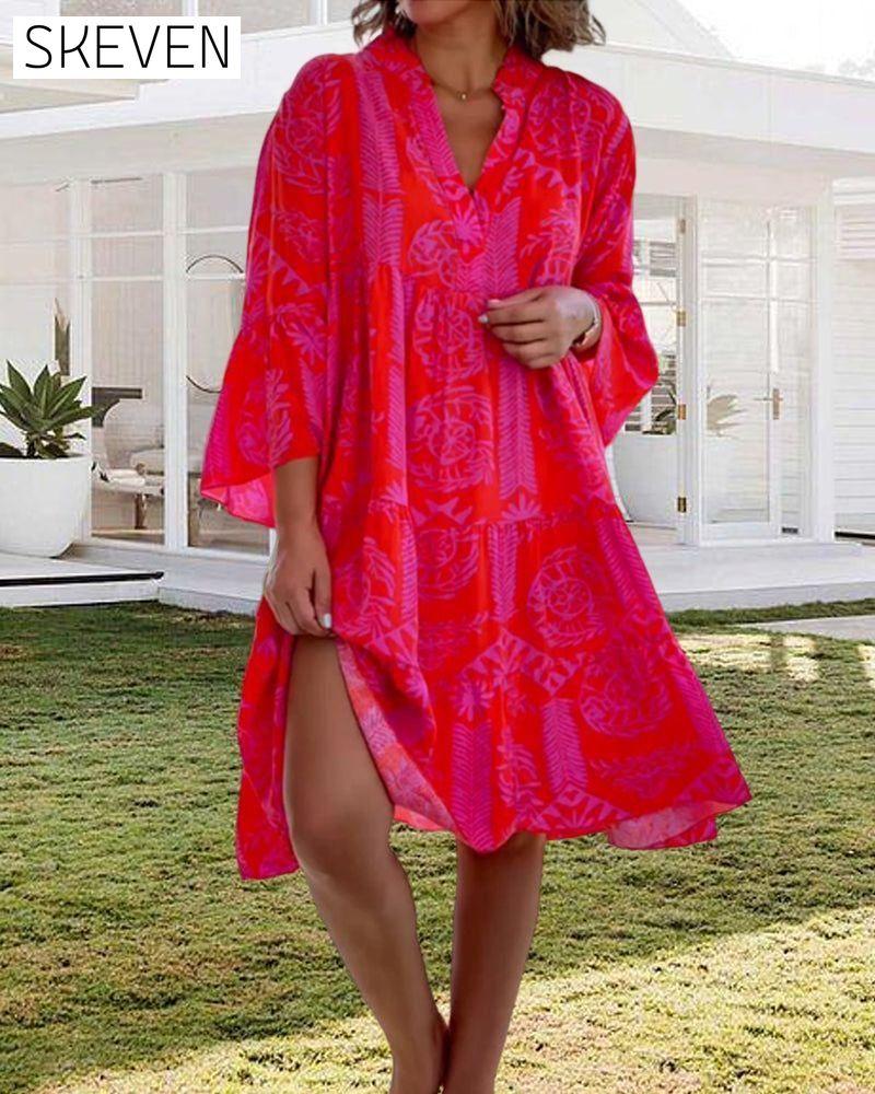 Boho Geometric Print 3/4 Sleeve Dress 23BF Casual Dresses Clothes Dresses Spring Summer
