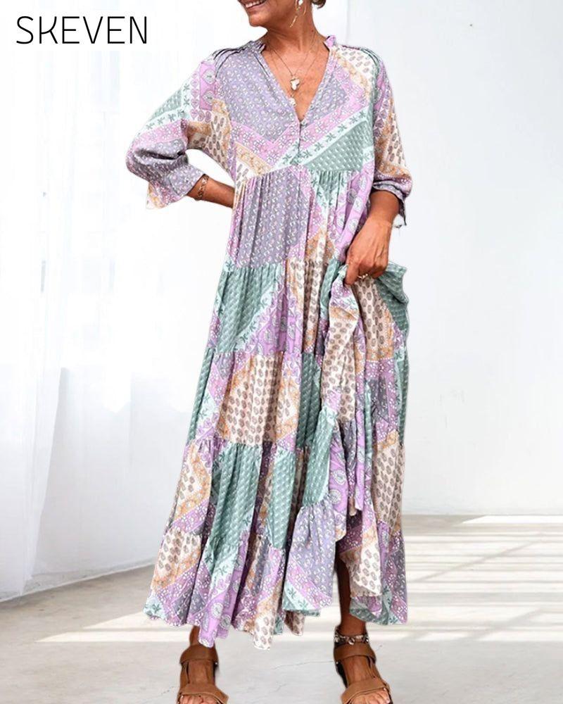 Color Block Print Dress with 3/4 Sleeves 23BF Casual Dresses Clothes Dresses Spring Summer