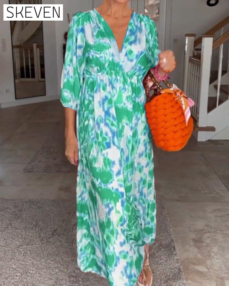 Modisches Kleid mit Print, V-Ausschnitt und 3/4-Ärmeln