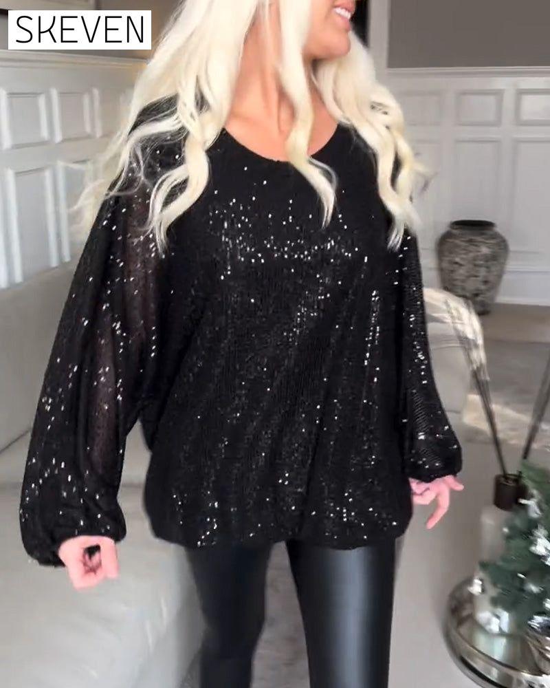 haut à sequins à manches bouffantes et col rond