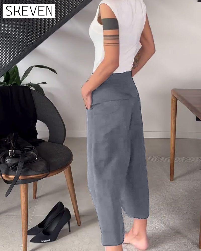 Simple solid color asymmetric casual pants