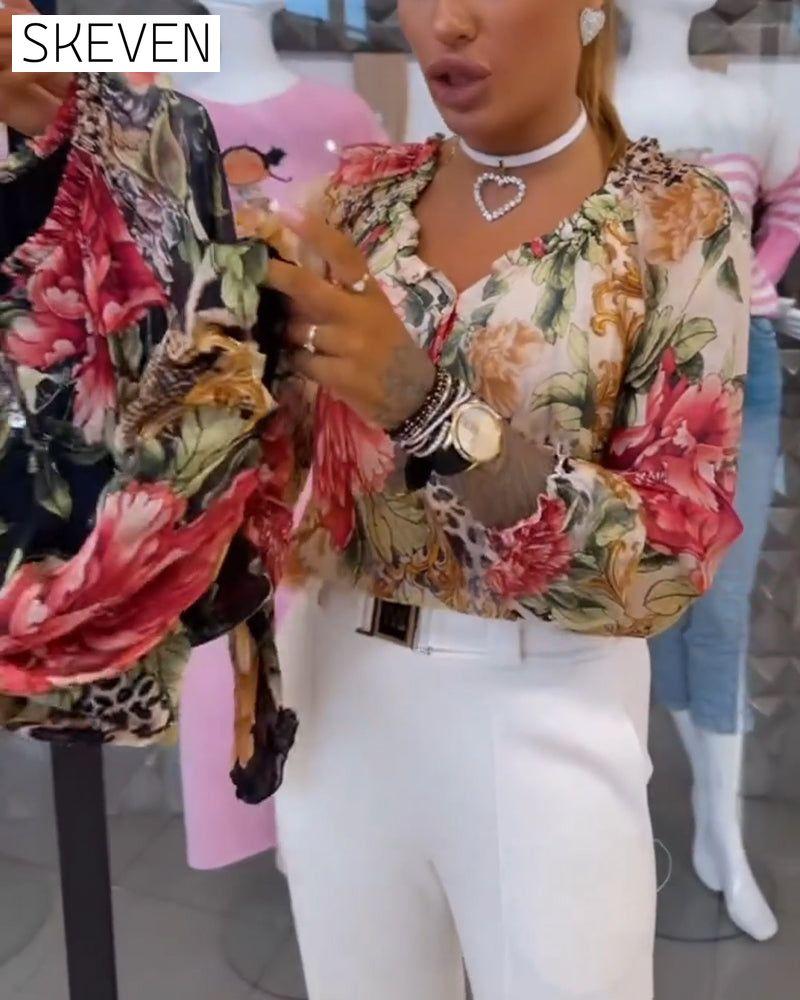 V-Neck Floral Print Blouse