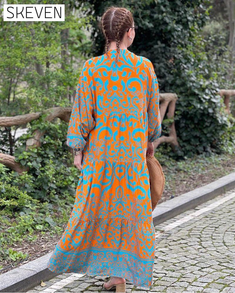 Hochwertiges bedrucktes, lässiges langes Kleid