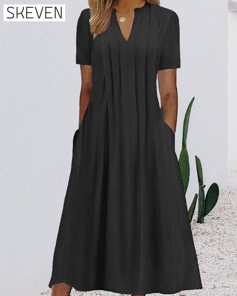 Short Sleeve V-Neck Dress Black 23BF Casual Dresses Clothes Dresses Spring Summer