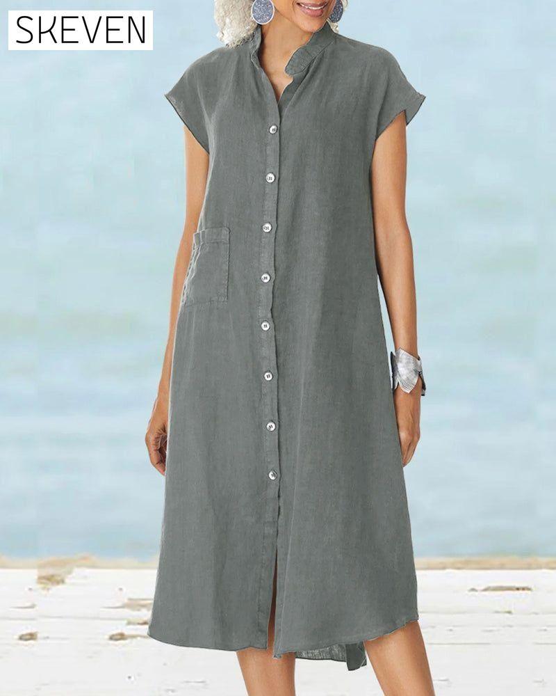 Stand collar single breasted pocket dress Gray 23BF Casual Dresses Clothes Dresses Summer
